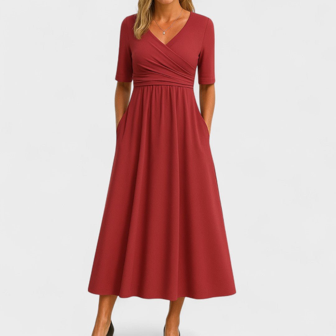 Elegant Midi Dress with Elbow-Length Sleeves and Pockets – Flattering Surplice V-Neck Design 5
