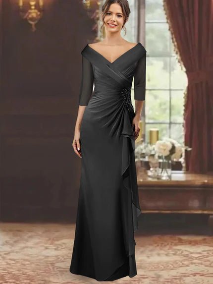 Elegant Mother of the Bride Dress with Ruffles and Appliques – Floor-Length Chiffon V-Neck Half Sleeves