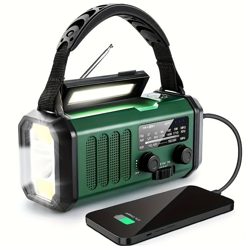 Emergency radio featuring a built-in flashlight and USB charger, powered by solar energy and hand crank, ideal for outdoor adventures and emergency situations. 0
