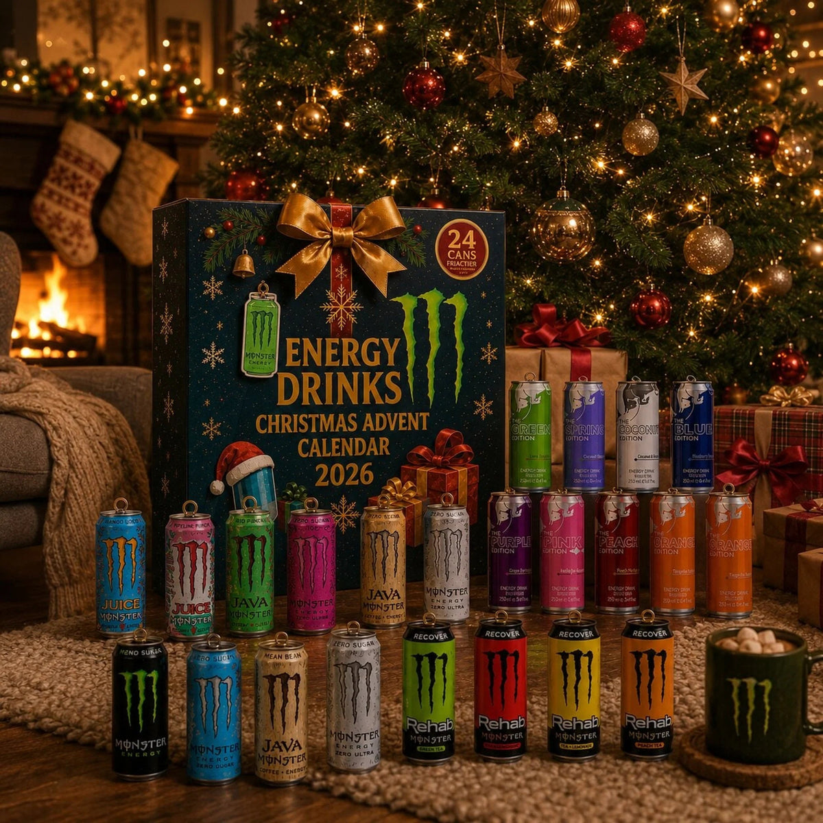 Energy Drink Advent Calendar featuring 24 mini cans, perfect for the 2026 Christmas countdown, showcasing unique collectible can designs. 4