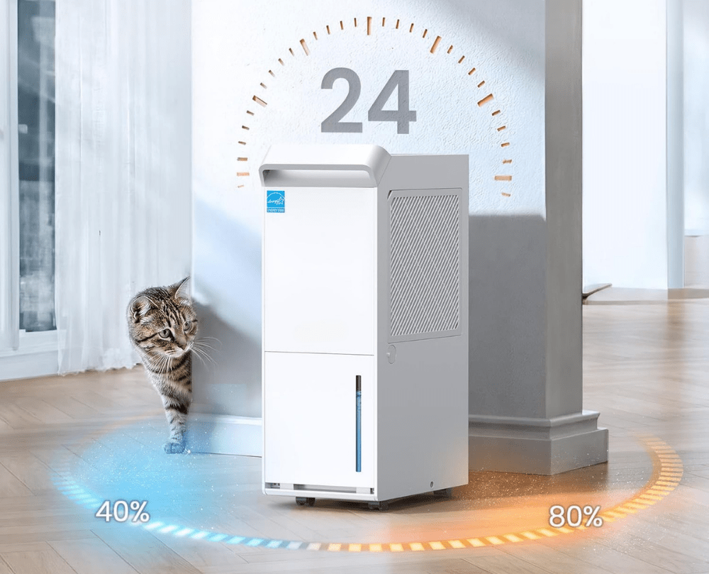 Energy efficient dehumidifier designed for large rooms, featuring smart humidity control technology, high capacity, and low power consumption for optimal moisture management. 1