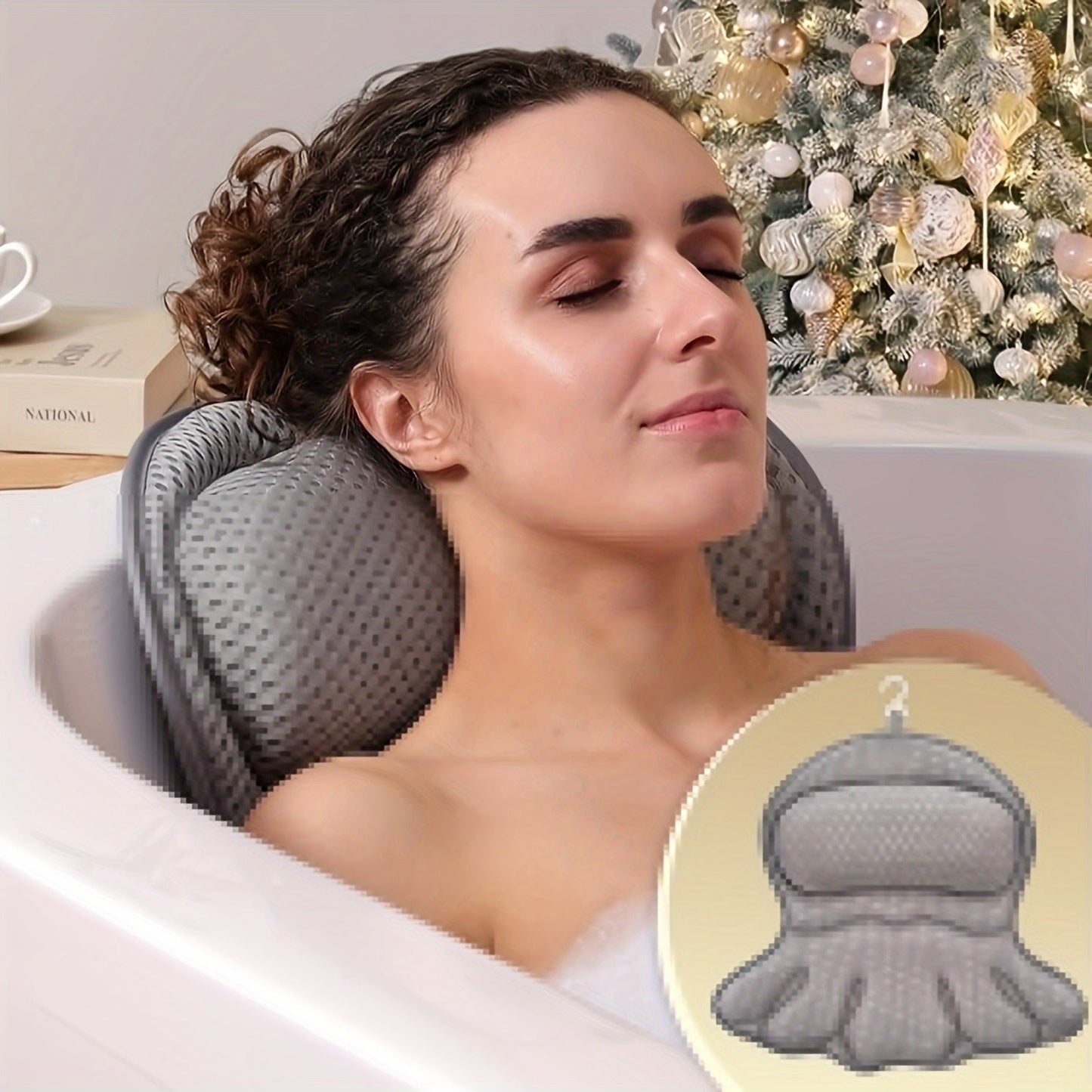 Ergonomic bath pillow featuring 4D air mesh technology for enhanced comfort, designed for soaking tubs, breathable and machine washable, in a sleek white 1