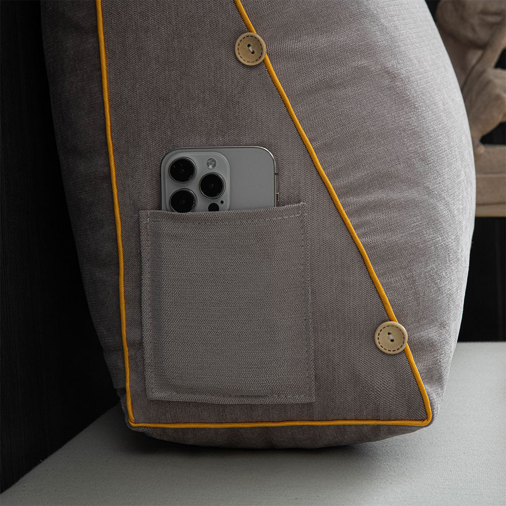 Ergonomic reading pillow designed for bed, featuring neck support, a soft cotton linen cover, and a convenient side pocket for books or devices, ideal 8