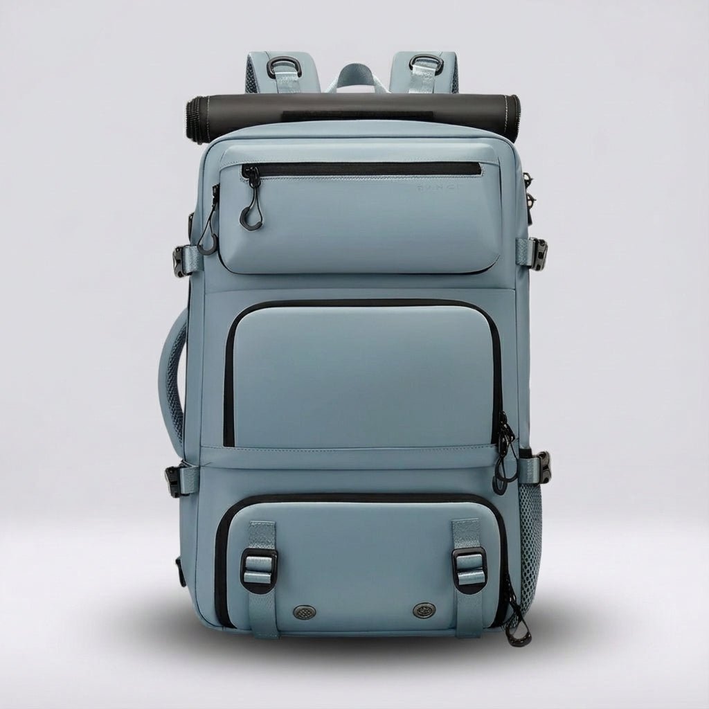 Ergonomic dark blue travel backpack featuring a waterproof exterior and a convenient integrated shoe compartment, perfect for travelers and outdoor enthusiasts. 8