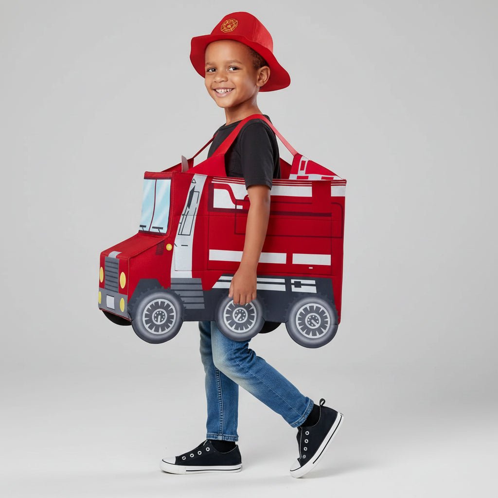 Firefighter costume for kids featuring a hooded coverall design, available in sizes M and XL, ideal for Halloween and dress-up play. 6