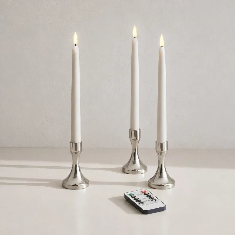 Flameless LED candle tapers for chandelier lighting in slim design, available in customizable finishes, offered in 4, 6, or 10 8