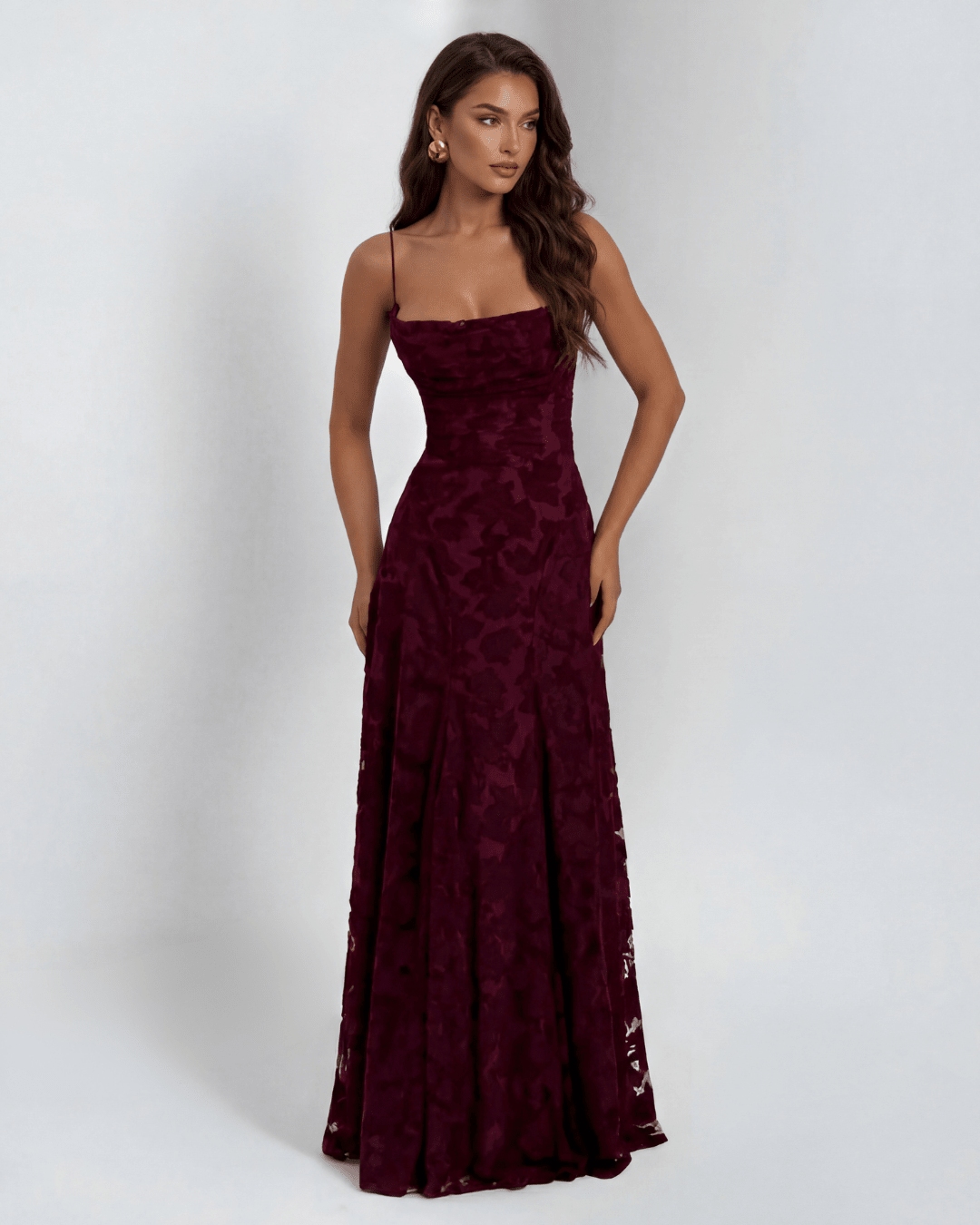 Floral maxi dress with adjustable straps and a flowing skirt in elegant lace design, perfect for women, showcased in a soft pastel pink color. 5