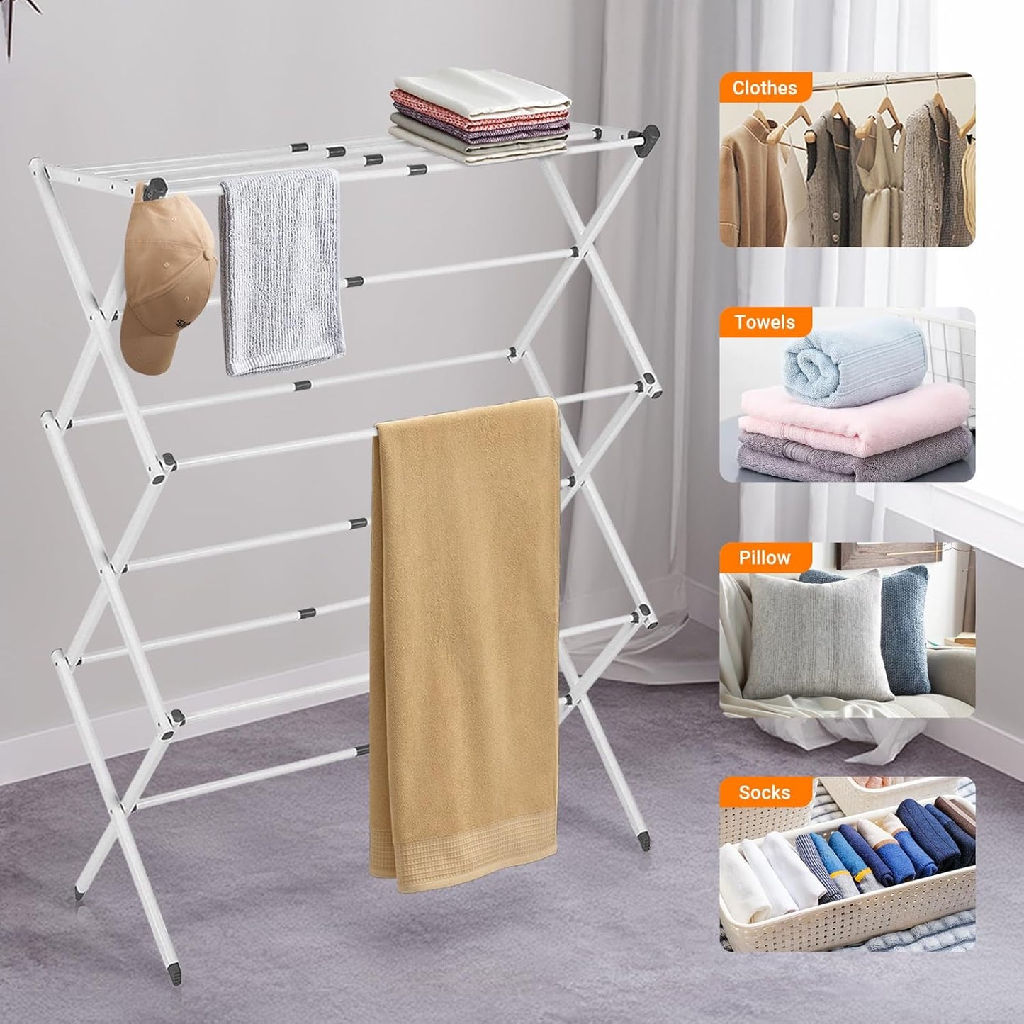 Foldable clothes drying rack featuring multi-pole support, made of durable iron and PP plastic, suitable for indoor and outdoor use. 5