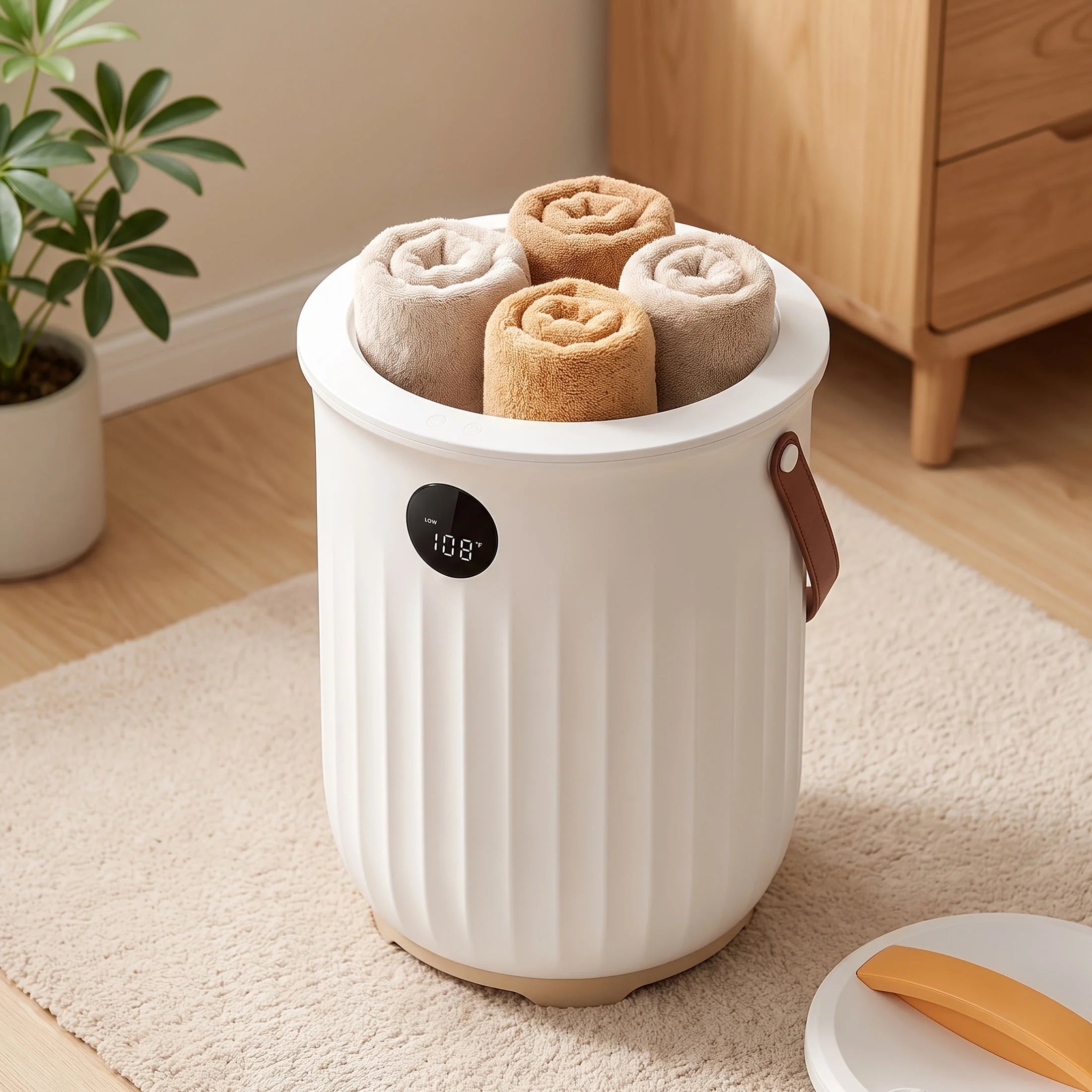 Freestanding towel warmer bucket with LED timer and aroma box, 20L capacity, featuring a lockable lid and portable design for home spa experiences. 0