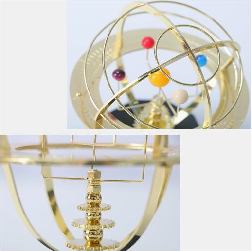Handcrafted Mechanical Orrery Model with Brass Finish showcasing a 5 Planet Solar System replica, featuring intricate gears and planets that rotate elegantly, perfect for educational 2