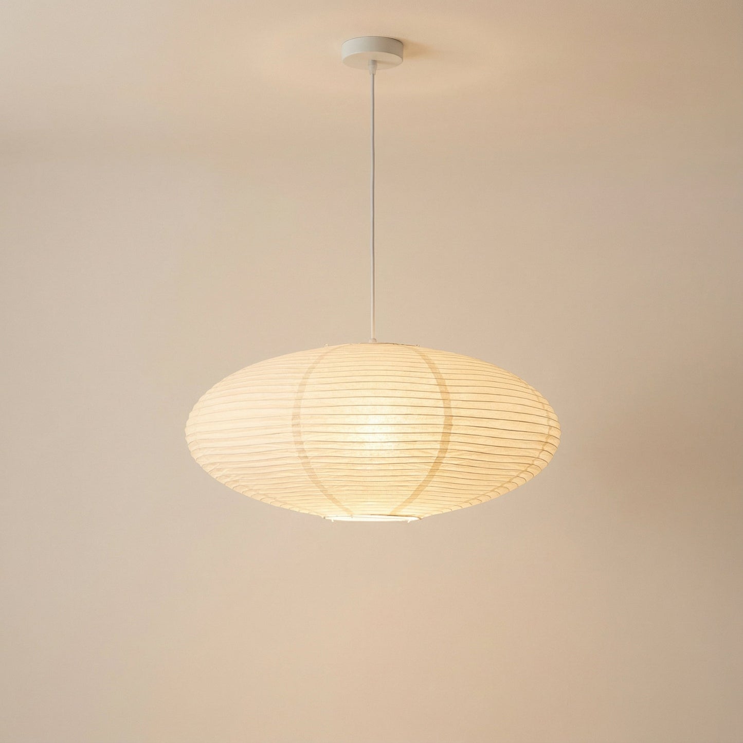 Hanging lamp with adjustable height featuring soft LED light, designed in a minimalist Wabi-Sabi style using handmade paper. 6