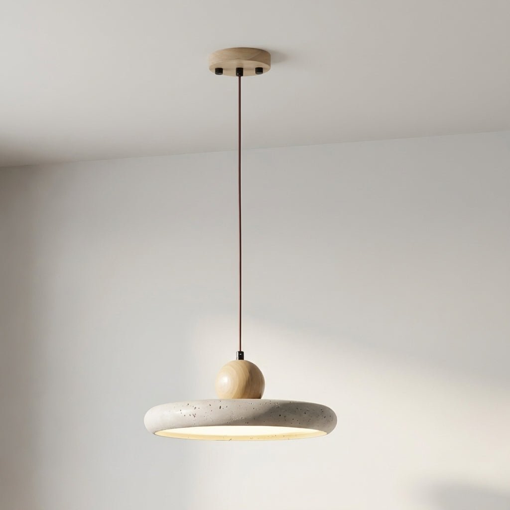 Hanging lamp featuring adjustable height, LED lighting, and a Scandinavian minimalist design, crafted from natural travertine and wood. 3