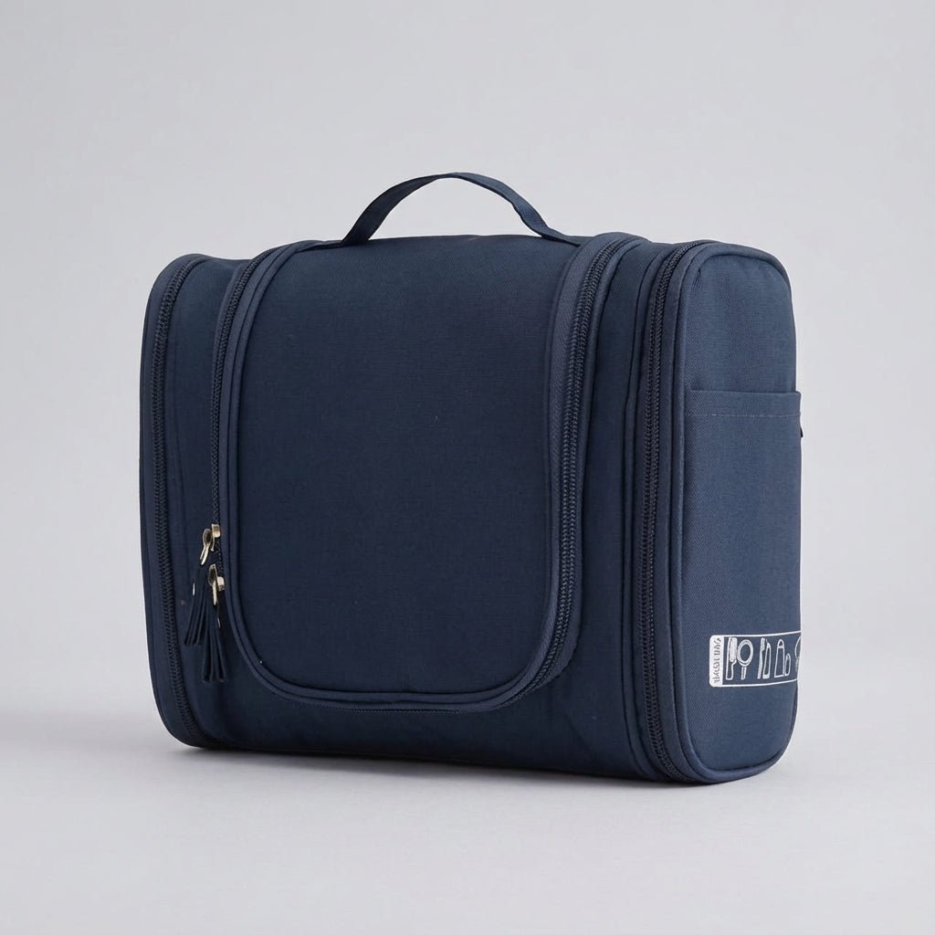 Hanging toiletry bag for travel featuring water-resistant lining, smart compartment division, and a foldable design for easy organization. 8
