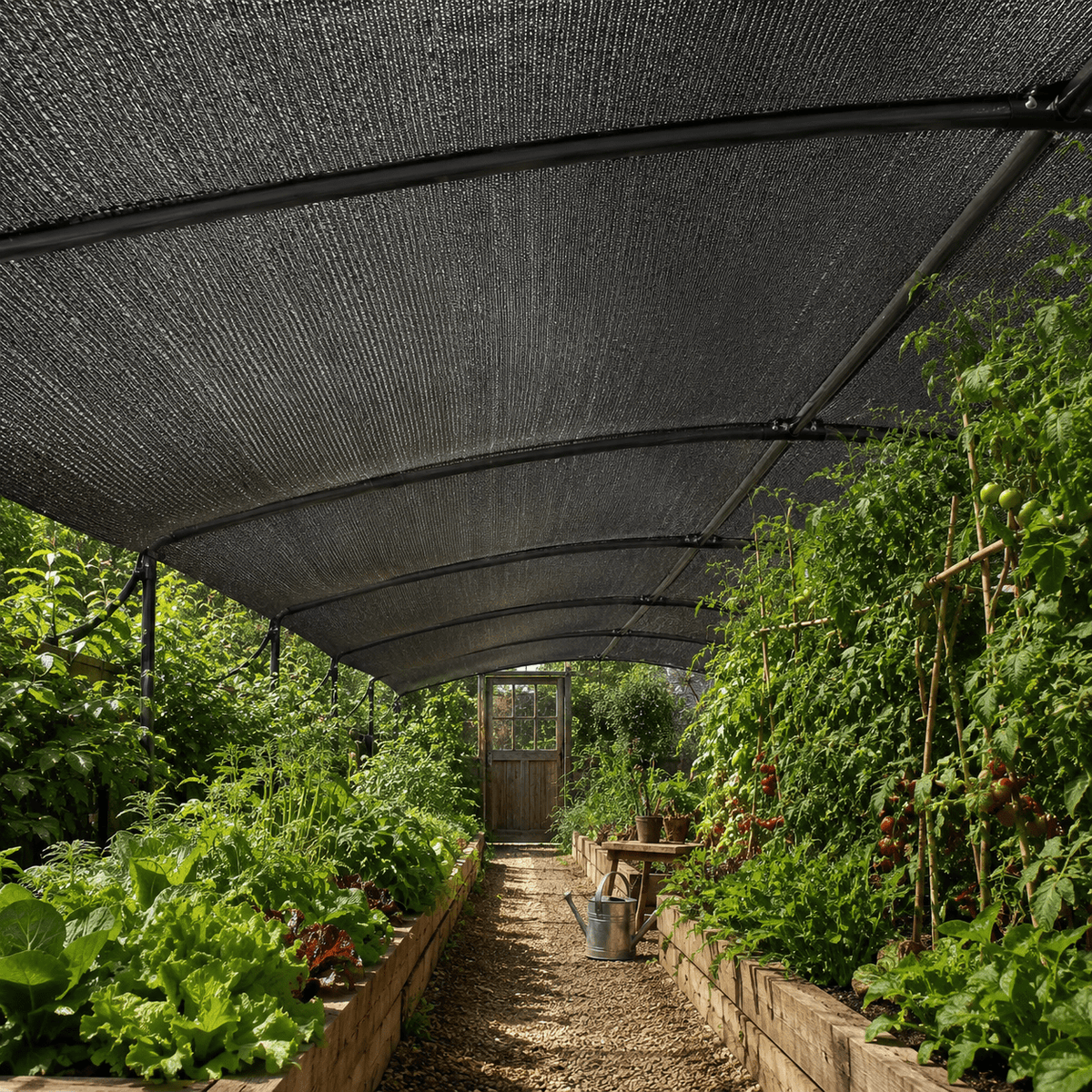 Heavy duty outdoor shade mesh with reinforced edges, designed for pergolas and patios, featuring a breathable black cover for optimal sun protection and ventilation. 1