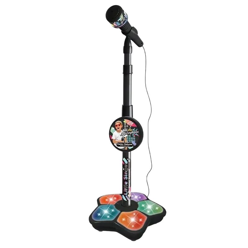 Height-adjustable karaoke microphone with illuminated base in black, pink, and blue, perfect for kids' parties and entertainment. 0