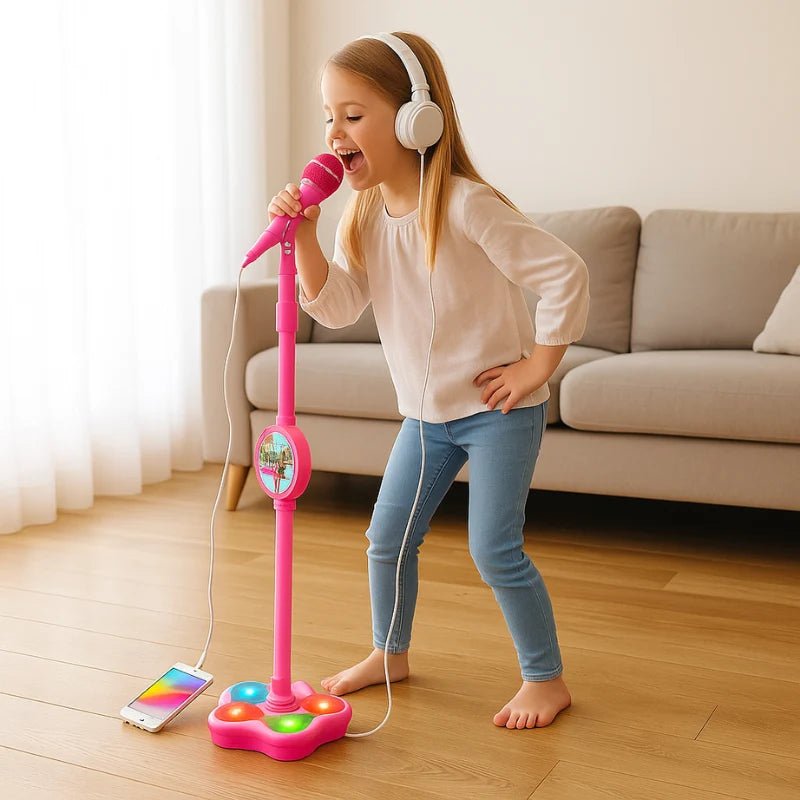 Height-adjustable karaoke microphone with illuminated base in black, pink, and blue, perfect for kids' parties and entertainment. 1
