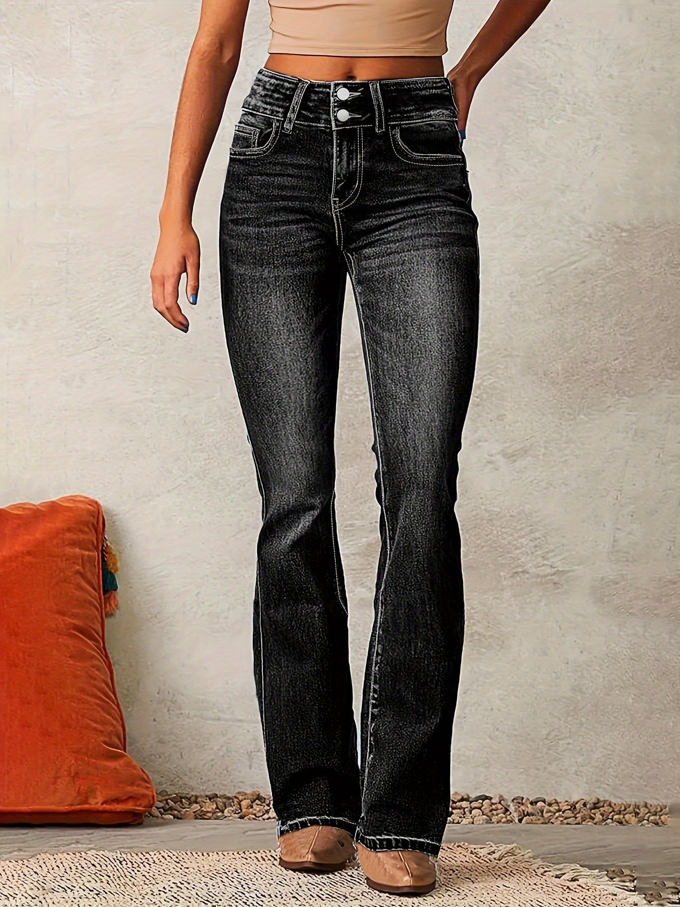 High waisted bootcut denim jeans featuring a double-button waistband and a sculpting stretch fit, designed in classic denim blue for a flattering silhouette. 4