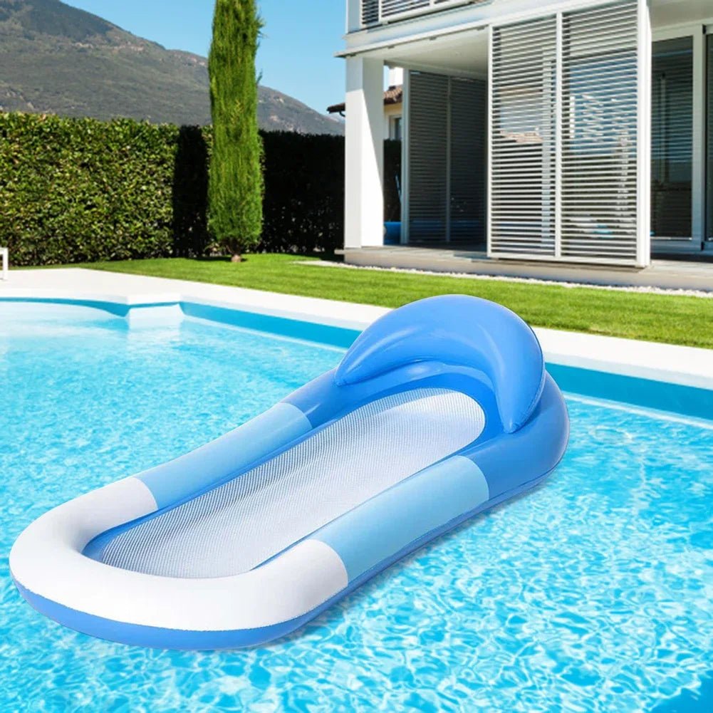 Inflatable pool float featuring a cooling mesh and an ergonomic pillow, designed for ultimate comfort and relaxation in the water, perfect for beach and pool use. 1