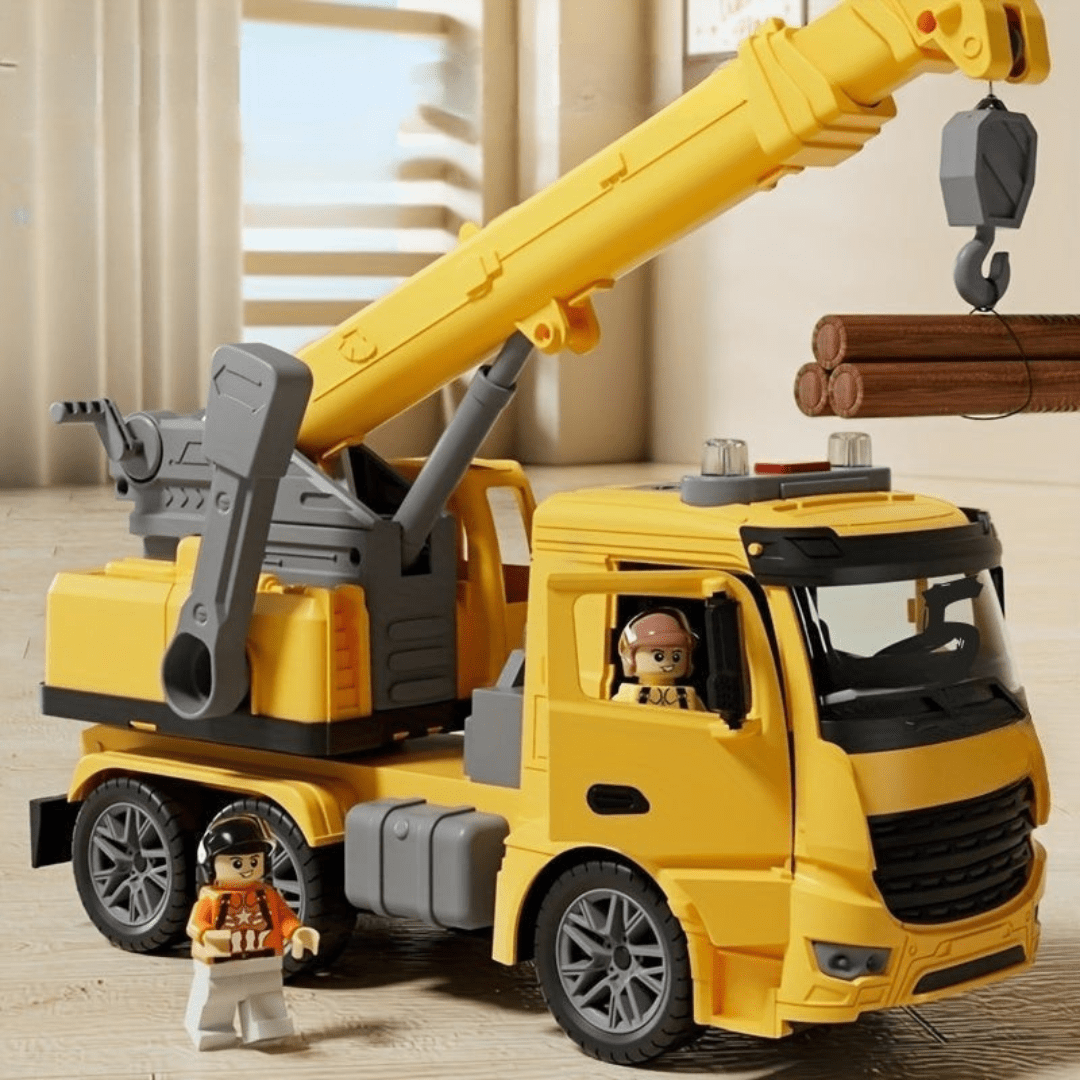 Interactive toy truck featuring vibrant lights and sounds, a movable crane arm, made from durable child-safe plastic, perfect for engaging playtime for kids. 4