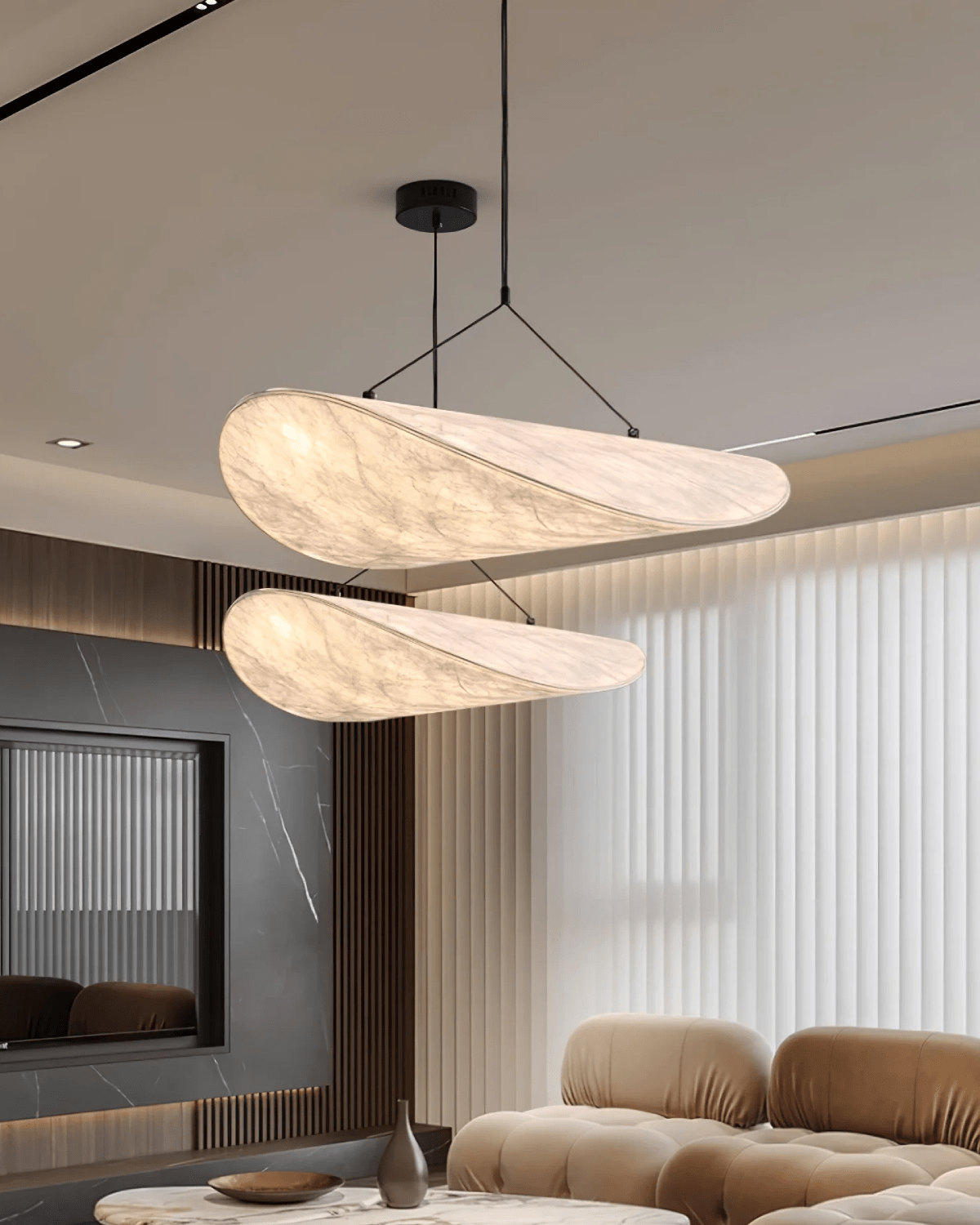 Japandi pendant lamp featuring an eclipse effect, designed with dimmable artificial silk, perfect for modern kitchen lighting. 8