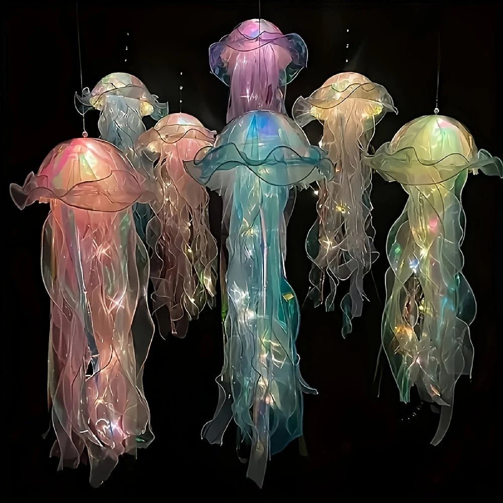 Jellyfish LED fairy lights set with battery power, featuring colorful hanging decorations in five vibrant color options for indoor ambiance. 0