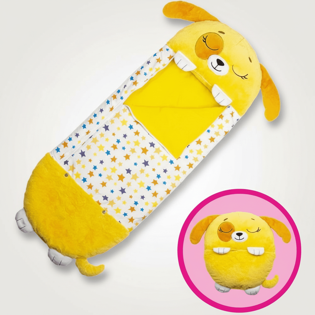 Kids sleeping bag featuring a soft animal design with a 2-in-1 pillow function, perfect for sleepovers and travel. 10