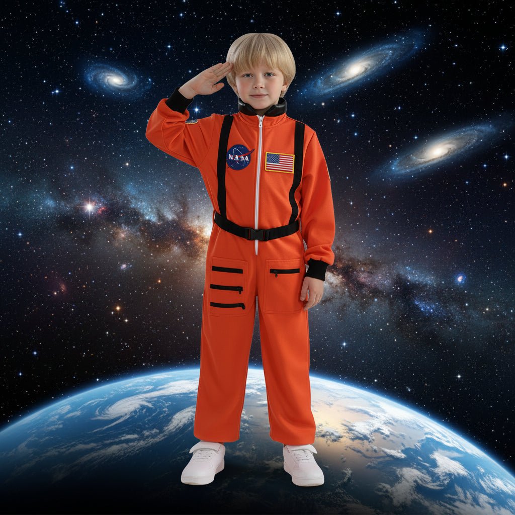 Kids space suit costume jumpsuit in vibrant orange, featuring adjustable sizes for a perfect fit, ideal for Halloween and themed parties. 6