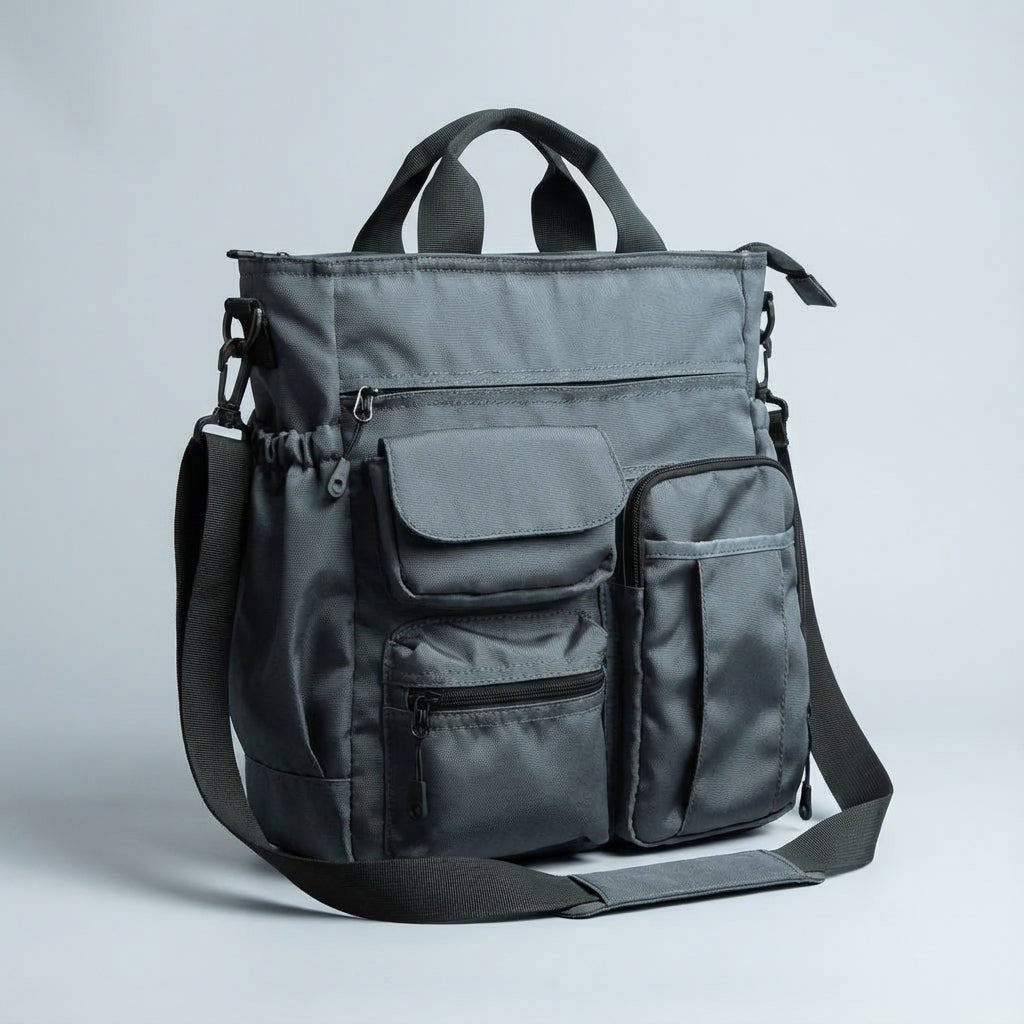 Stylish laptop work bag made of durable Oxford textile, featuring multiple compartments and a padded shoulder strap for comfortable carrying, ideal for business professionals. 4