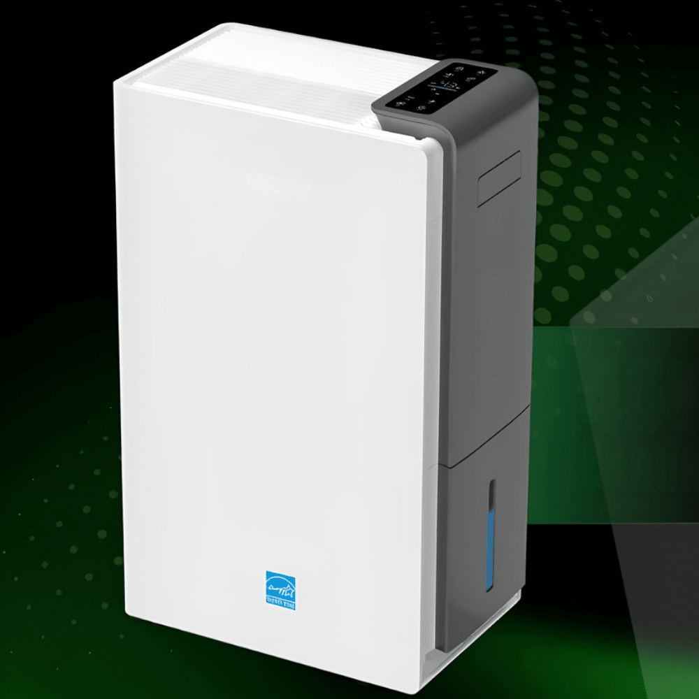Large capacity dehumidifier featuring smart humidity control, designed for quiet operation and energy efficiency, ideal for home and basement use. 2