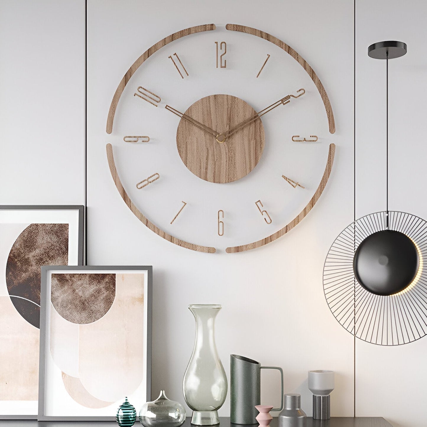 Large modern wall clock featuring a natural wooden design and a silent mechanism, perfect for enhancing stylish interiors. 9
