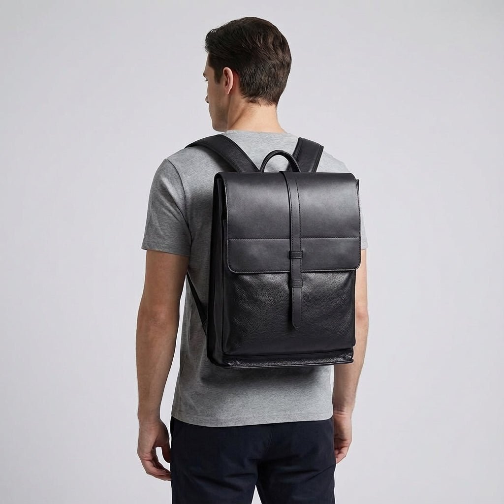 Leather laptop backpack designed for 17-inch laptops, featuring a multi-compartment layout for organized storage, crafted from premium cowhide, ideal for professional men 4