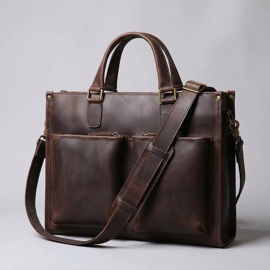 Leather laptop bag for 16-inch laptops featuring a vintage casual design, available in black or brown, with an adjustable strap for comfortable carrying. 5