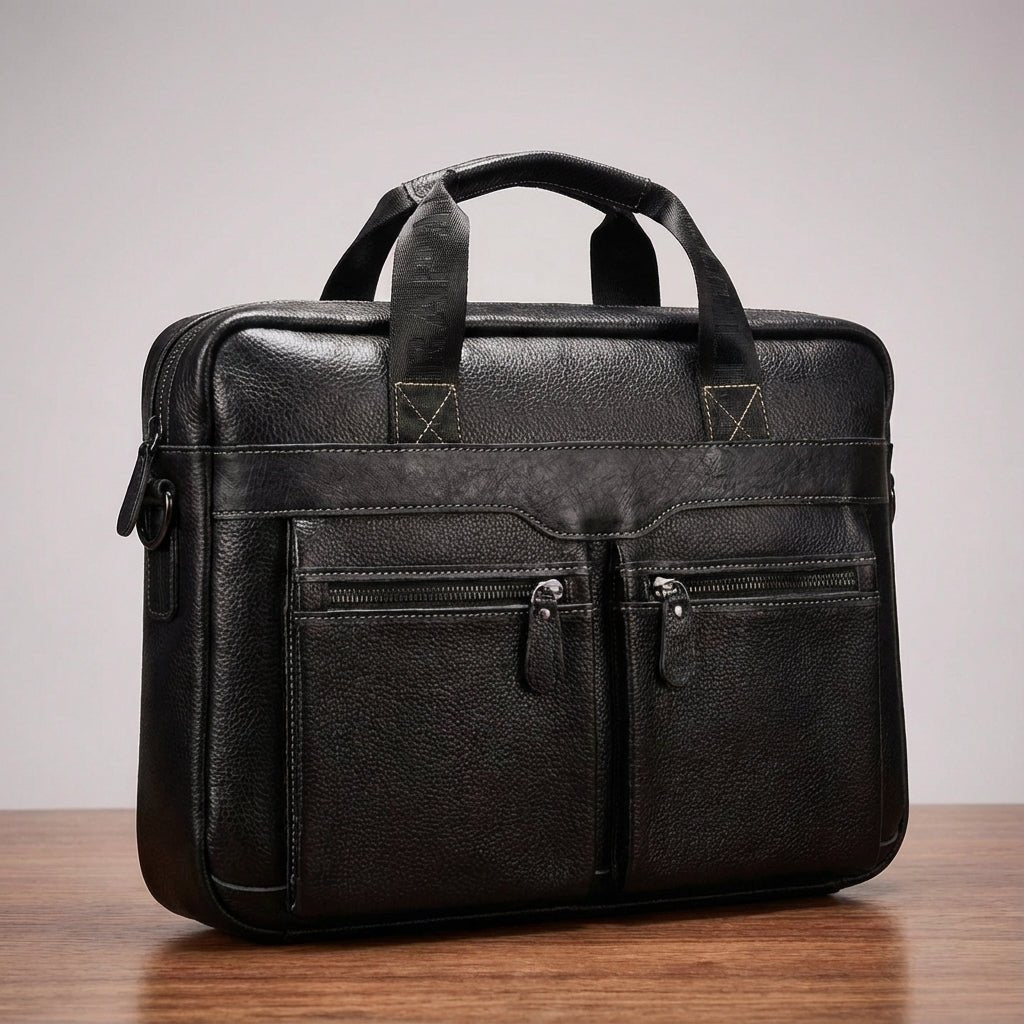 Stylish leather laptop bag designed for 15.6 inch laptops, featuring an adjustable strap and multiple pockets, crafted from high-quality cowhide. 7