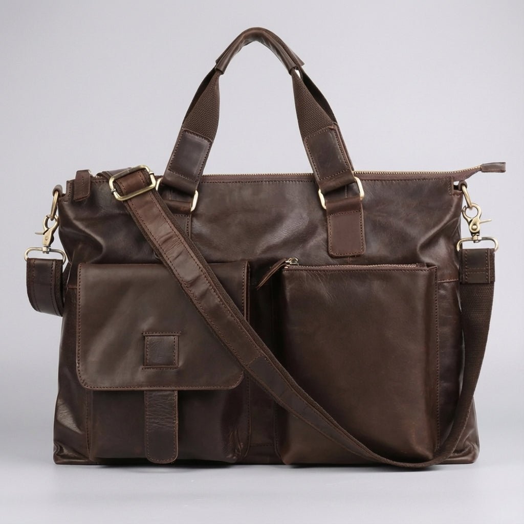 Leather laptop bag featuring an adjustable strap and a vintage design, spacious professional briefcase for men, ideal for work and travel. 4