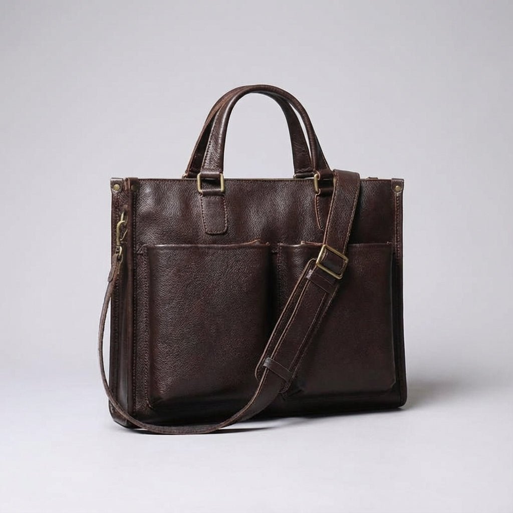 Leather laptop work bag featuring a spacious interior, adjustable strap, and designed to accommodate laptops up to 14 inches. 4