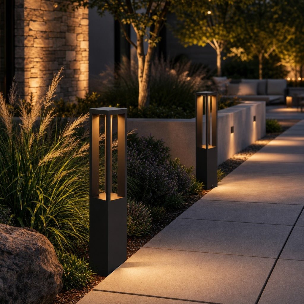 LED Bollard Light in black die-cast aluminum, featuring adjustable height for customizable outdoor landscape lighting. Ideal for pathways and gardens. 8