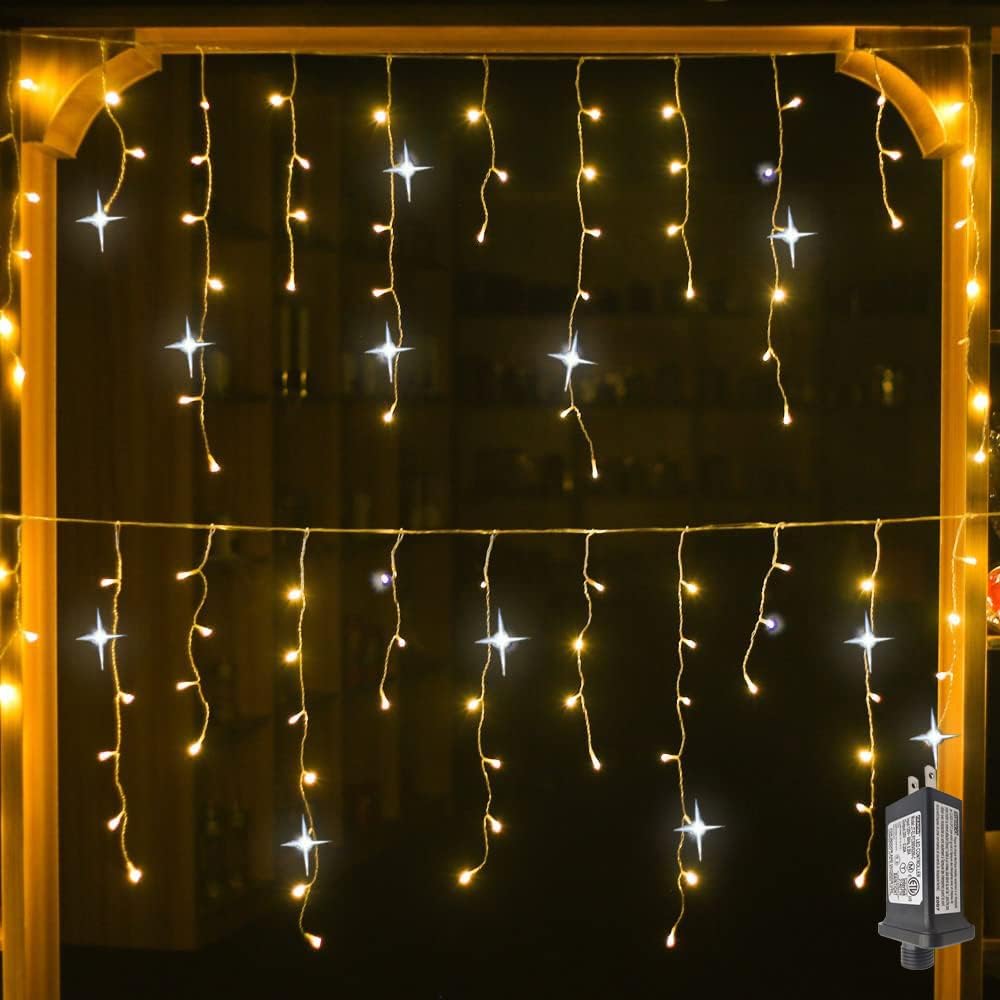 LED outdoor light curtains with twinkling effect, measuring 4 meters, in warm white, waterproof IP44 string lights perfect for festive decorations. 2