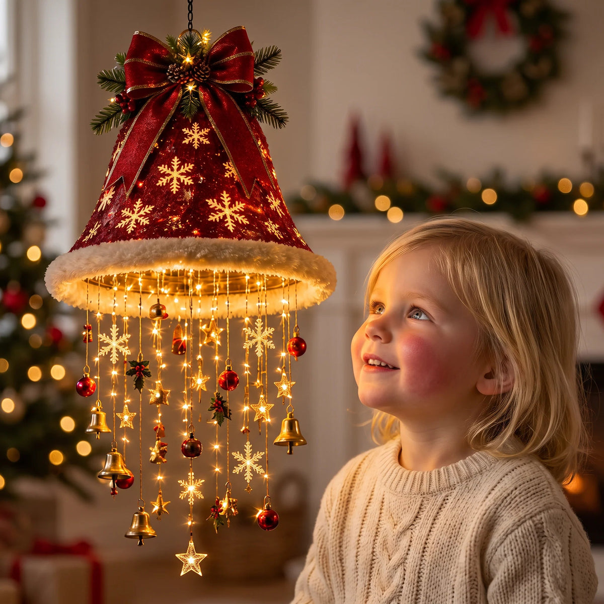 LED Santa Hat with string lights, featuring a festive red and white fabric design, perfect for Christmas celebrations and holiday festivities. 6