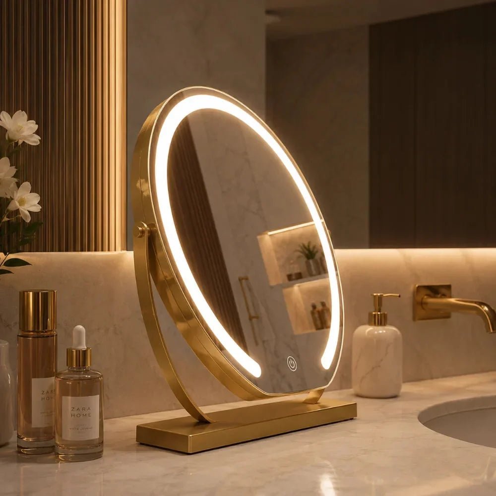 Lighted makeup mirror with 15x magnification and adjustable brightness in gold, black, and white metal finish, perfect for precise makeup application and grooming 0