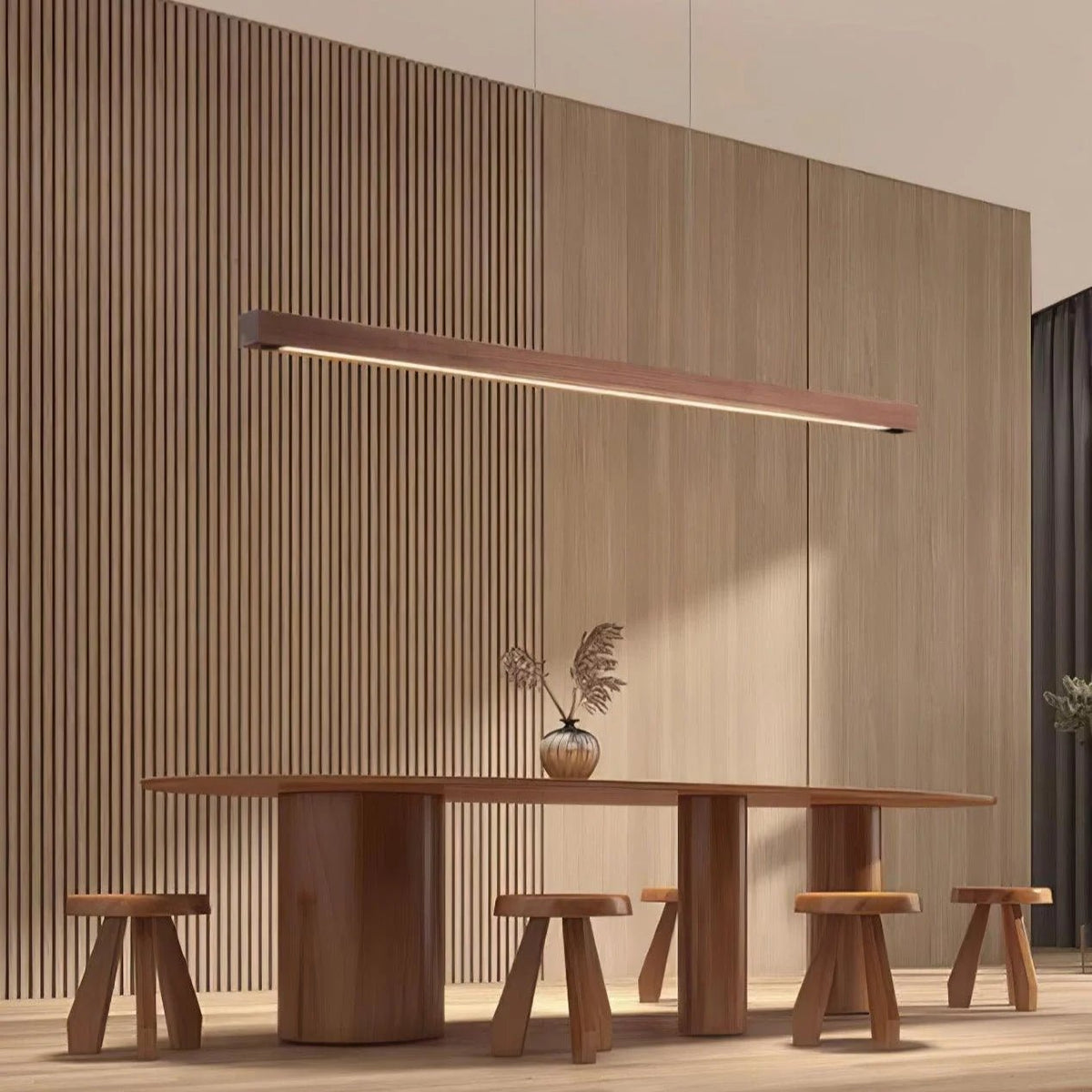 Linear pendant light featuring a dimmable LED design, adjustable wood and acrylic elements, perfect for illuminating kitchen islands. 8