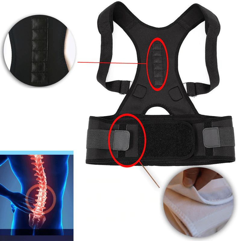 Magnetic posture corrector with adjustable straps for back support, featuring a breathable polyester design for comfort and effective posture alignment. 4