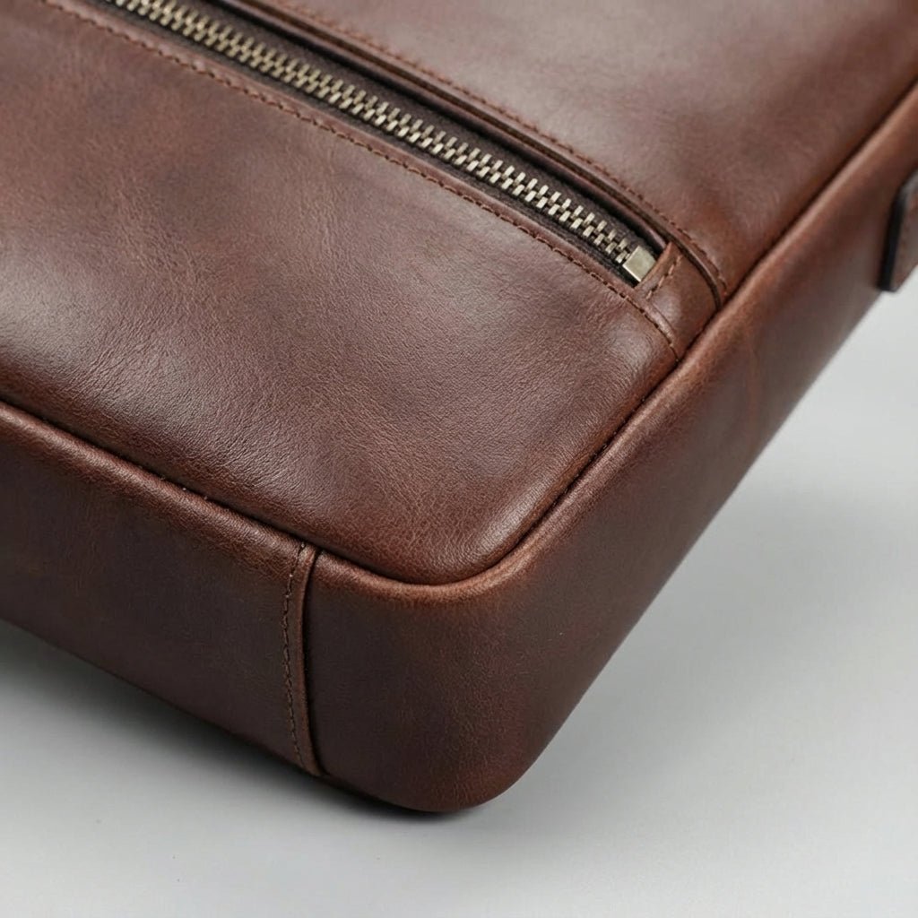 Men's genuine brown leather laptop bag featuring a padded compartment for MacBook and laptop protection, designed for style and functionality. 2