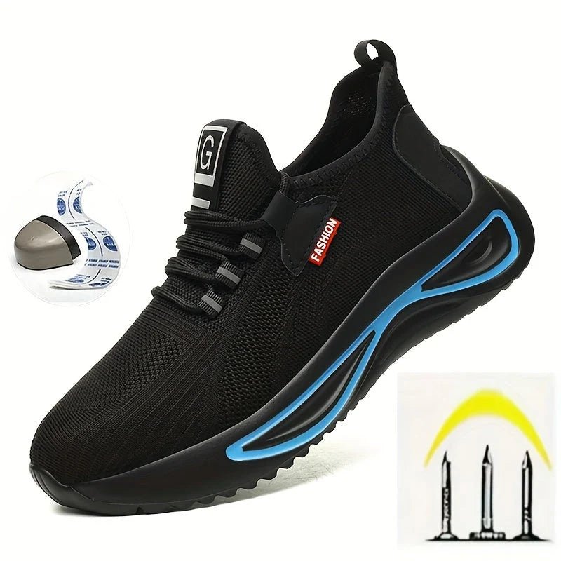 Men's lightweight safety shoes featuring a steel toe for maximum protection and breathable mesh for comfort and ventilation. 1
