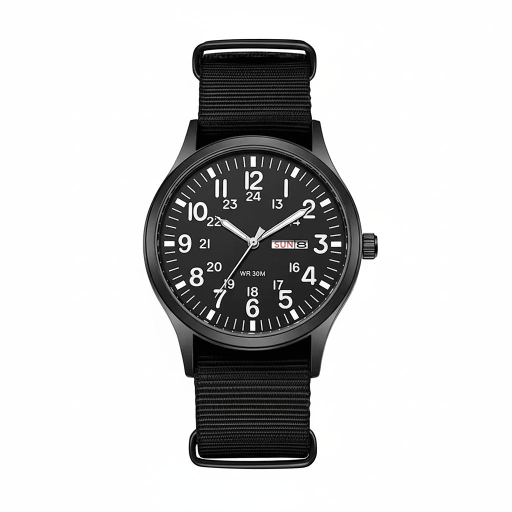 Men's outdoor watch featuring a durable stainless steel case, waterproof and scratch-resistant design, and a comfortable nylon strap, perfect for adventurous activities. 11