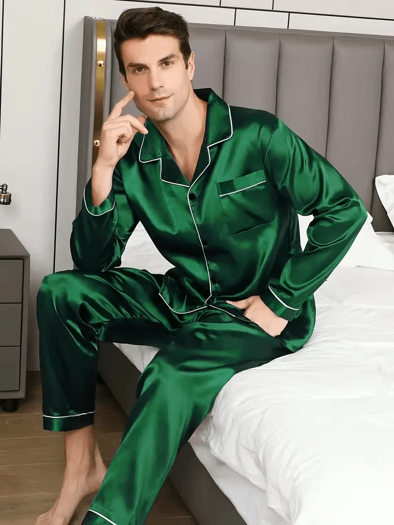 Men's Pajama Set featuring long sleeves and pants, made from silky soft breathable satin, perfect for comfortable nightwear. 6
