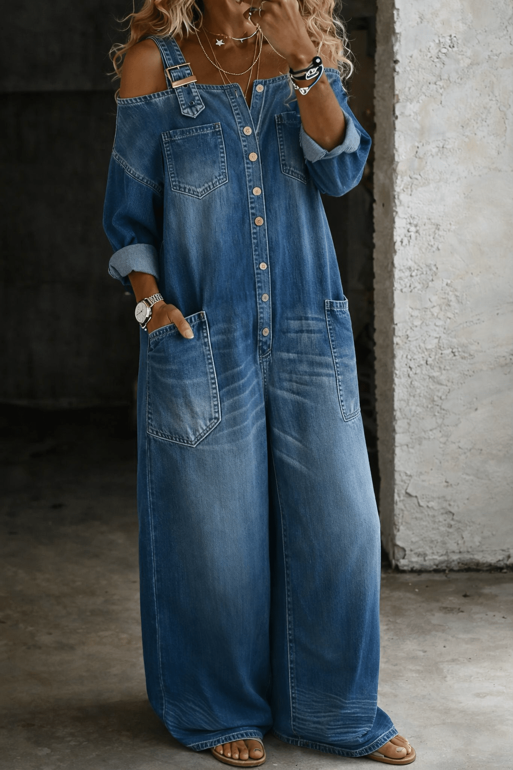 Off shoulder denim jumpsuit for women featuring a square neckline and convenient side pockets, perfect for casual everyday wear. 3