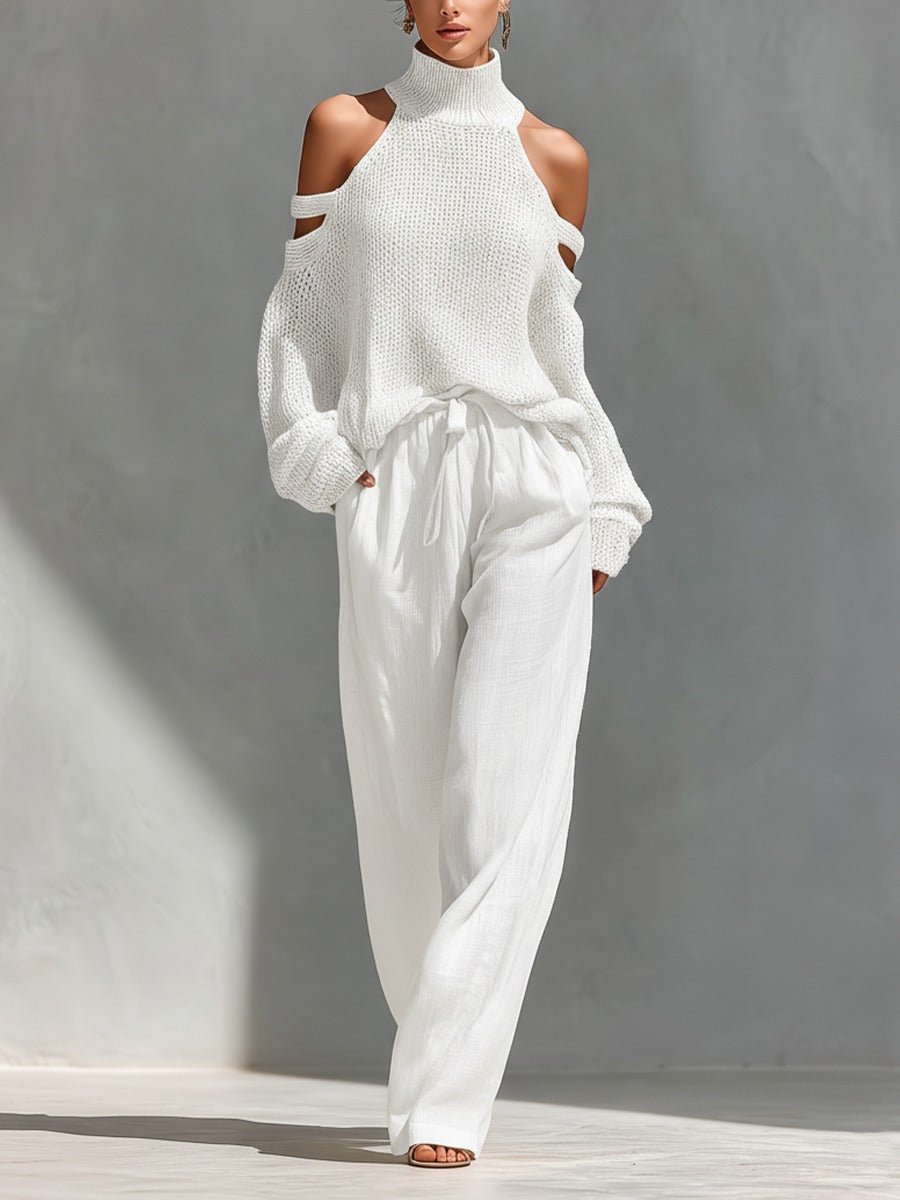 Off-shoulder two-piece set featuring a stylish top and wide-leg trousers, showcasing a modern feminine design perfect for summer outings and casual events. 2
