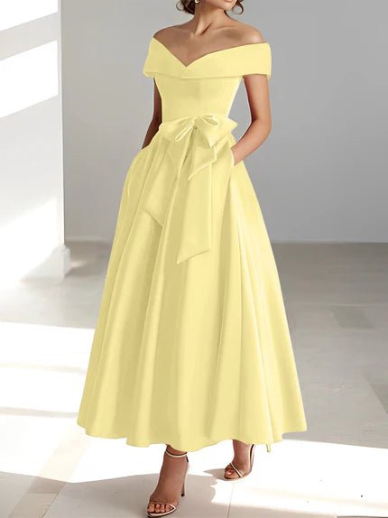 Off-the-Shoulder Mother of the Bride Dress with Pockets – Elegant Satin A-Line Ankle-Length in Champagne