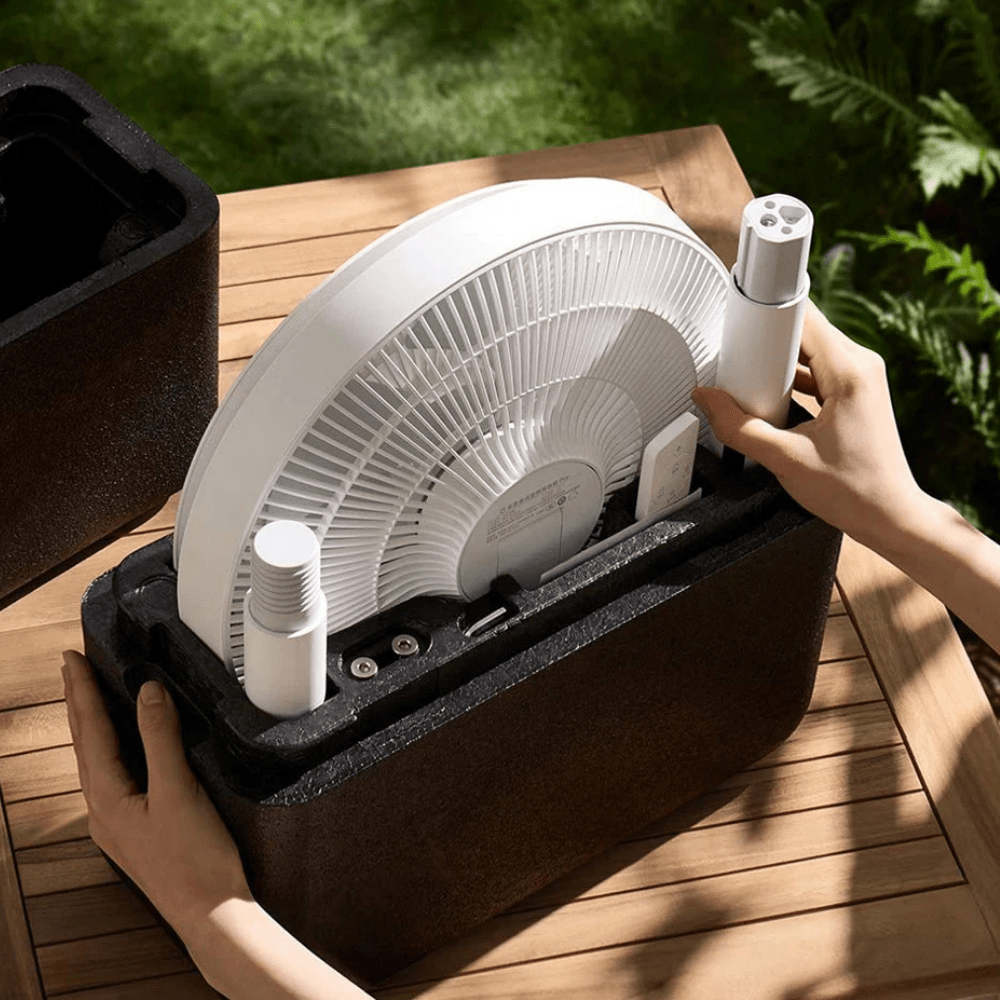 Oscillating pedestal fan with quiet DC inverter technology, featuring adjustable speed settings, designed for efficient home cooling. 3