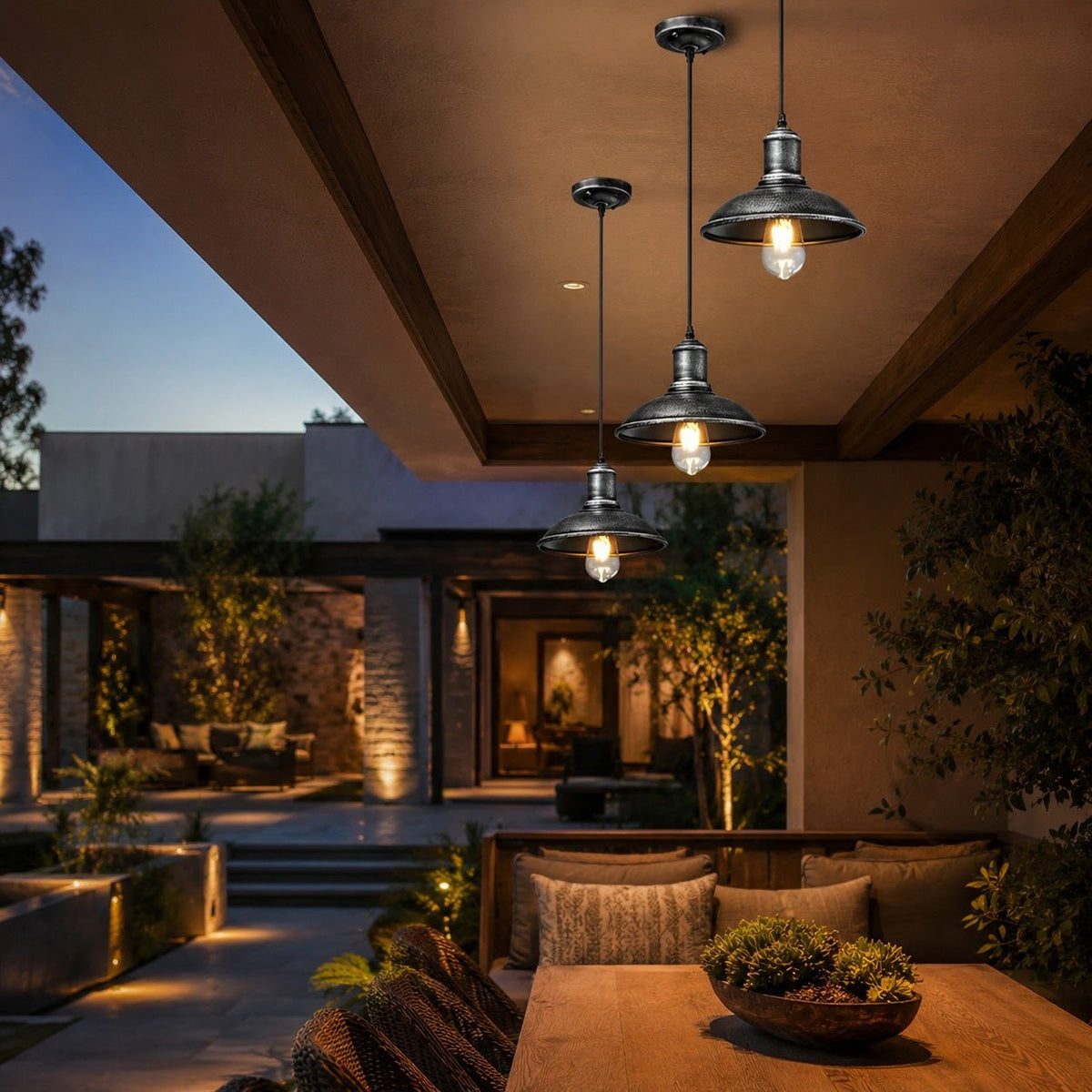 Outdoor pendant light fixture featuring an IP65 waterproof design, crafted from industrial iron in a stylish gold bronze and silver bronze finish, perfect for adding a modern 8